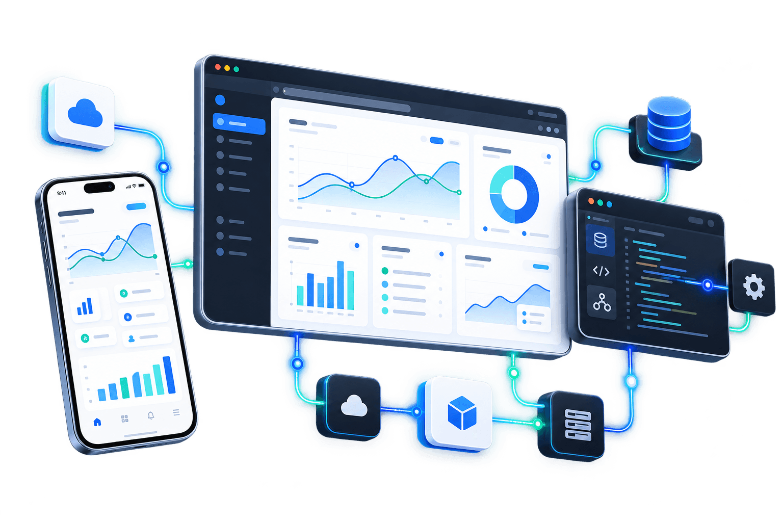 Ilustración de una plataforma web y una app móvil conectadas a servicios en la nube